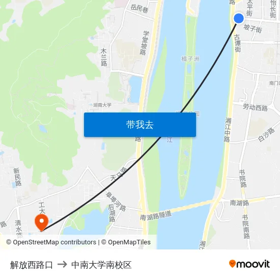 解放西路口 to 中南大学南校区 map
