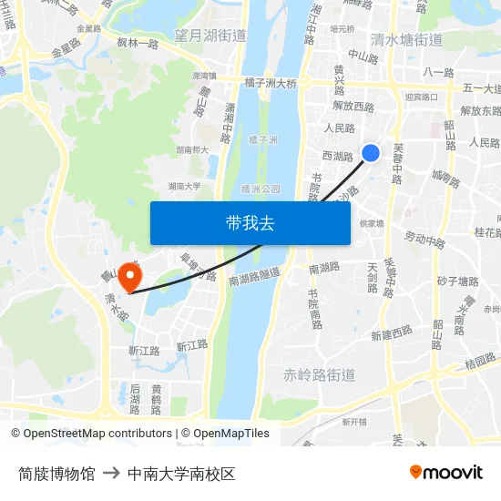 简牍博物馆 to 中南大学南校区 map