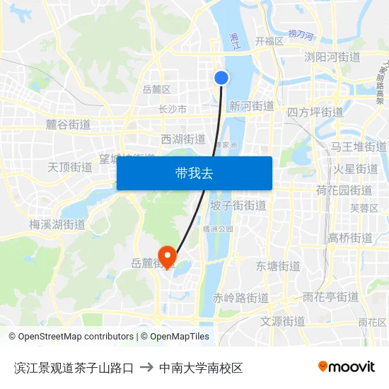 滨江景观道茶子山路口 to 中南大学南校区 map