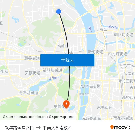 银星路金星路口 to 中南大学南校区 map