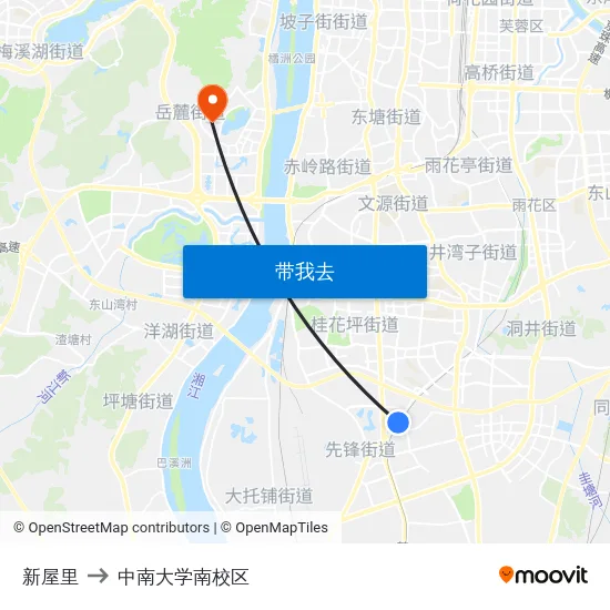 新屋里 to 中南大学南校区 map