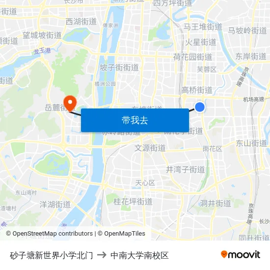 砂子塘新世界小学北门 to 中南大学南校区 map