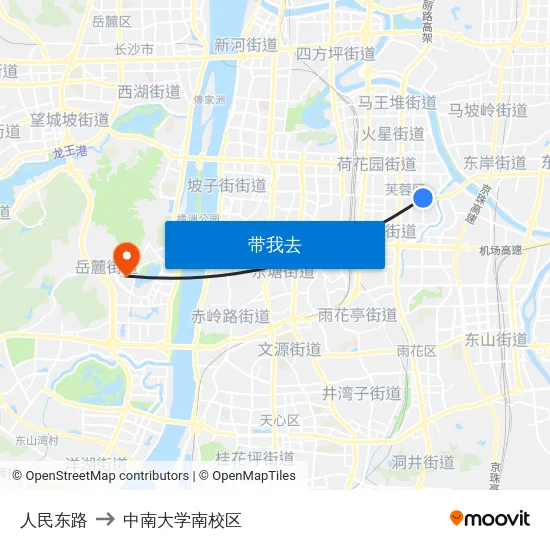 人民东路 to 中南大学南校区 map