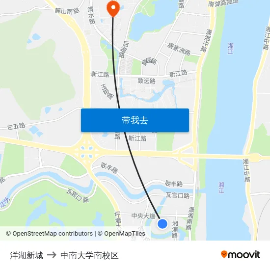 洋湖新城 to 中南大学南校区 map