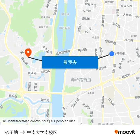 砂子塘 to 中南大学南校区 map