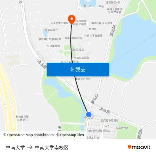 中南大学 to 中南大学南校区 map