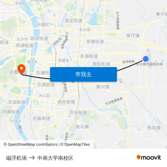 磁浮机场 to 中南大学南校区 map