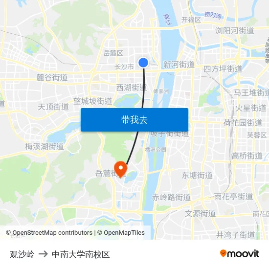 观沙岭 to 中南大学南校区 map