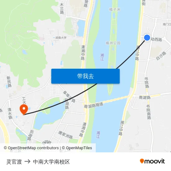 灵官渡 to 中南大学南校区 map