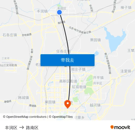 丰润区 to 路南区 map