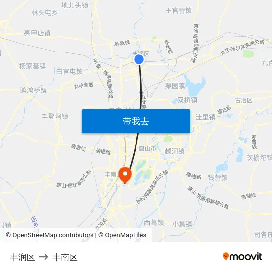 丰润区 to 丰南区 map