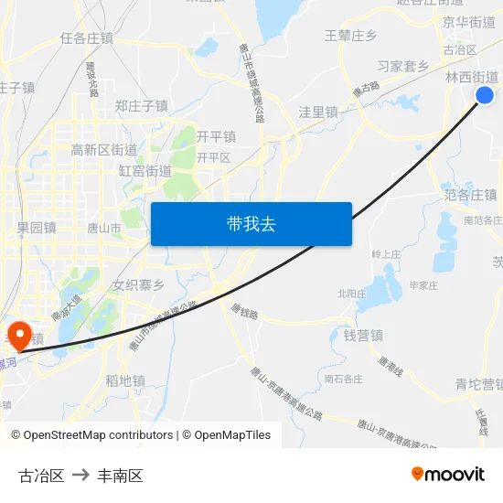 古冶区 to 丰南区 map