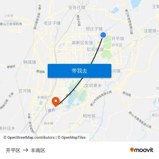 开平区 to 丰南区 map