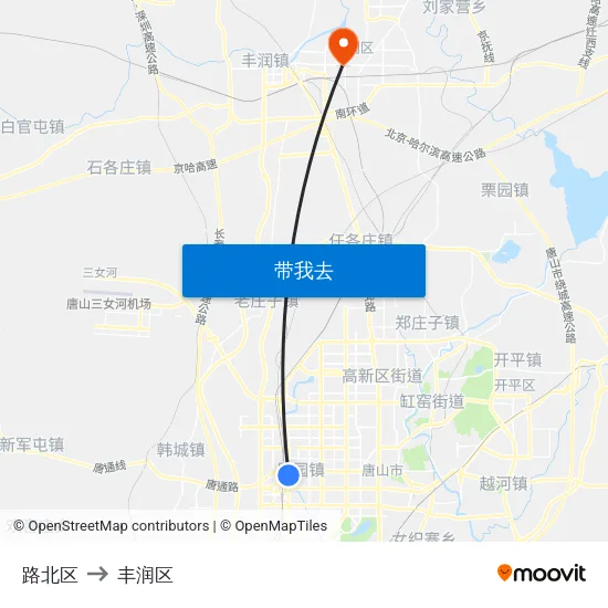 路北区 to 丰润区 map