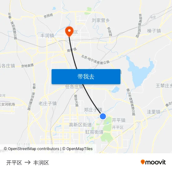 开平区 to 丰润区 map
