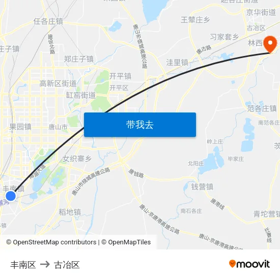 丰南区 to 古冶区 map
