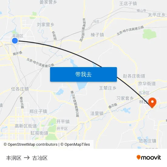 丰润区 to 古冶区 map