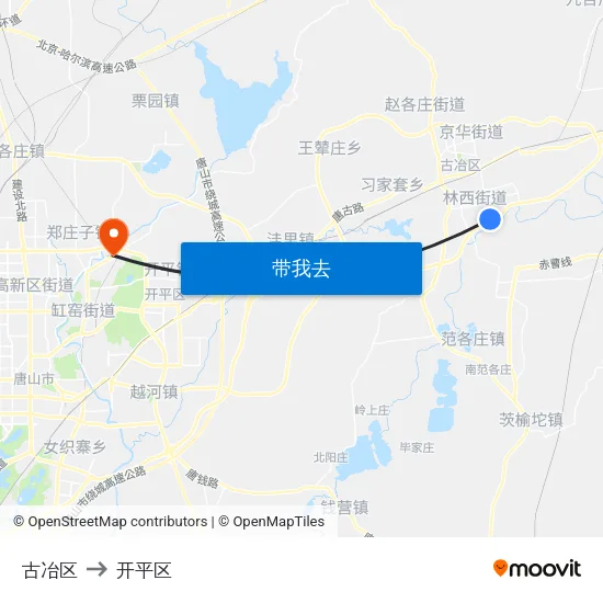 古冶区 to 开平区 map