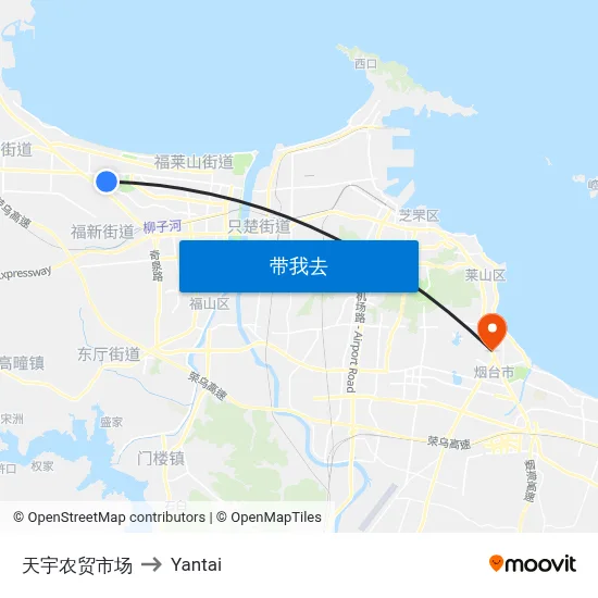 天宇农贸市场 to Yantai map