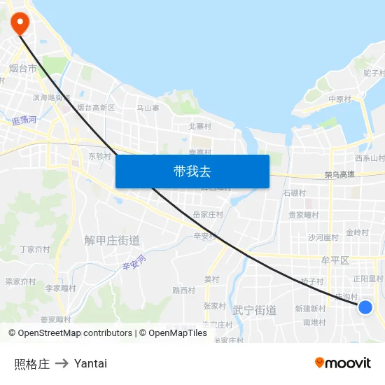 照格庄 to Yantai map