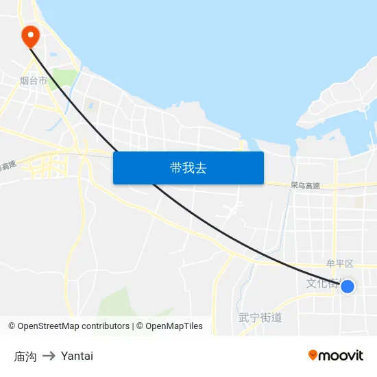 庙沟 to Yantai map