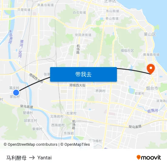 马利酵母 to Yantai map