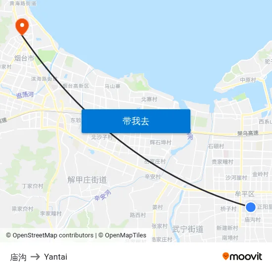庙沟 to Yantai map