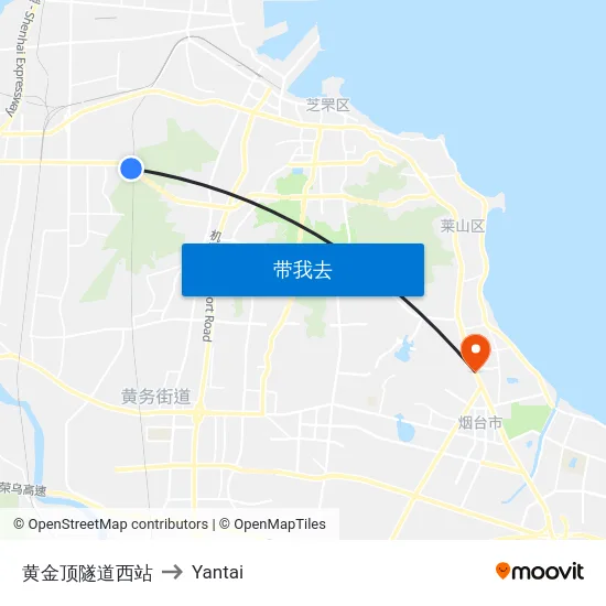 黄金顶隧道西站 to Yantai map