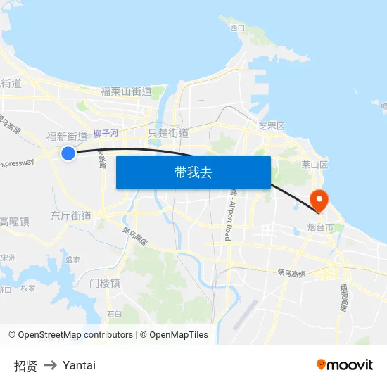 招贤 to Yantai map