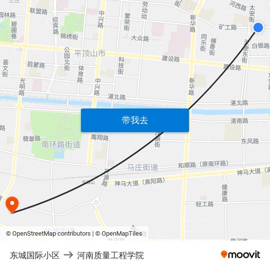 东城国际小区 to 河南质量工程学院 map