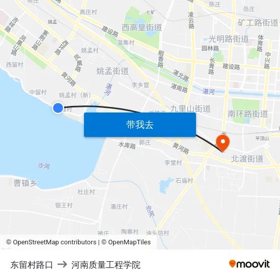 东留村路口 to 河南质量工程学院 map
