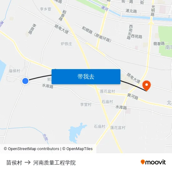 苗侯村 to 河南质量工程学院 map