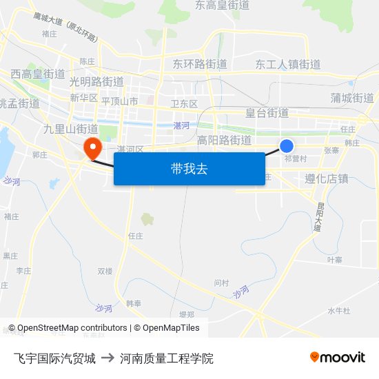 飞宇国际汽贸城 to 河南质量工程学院 map