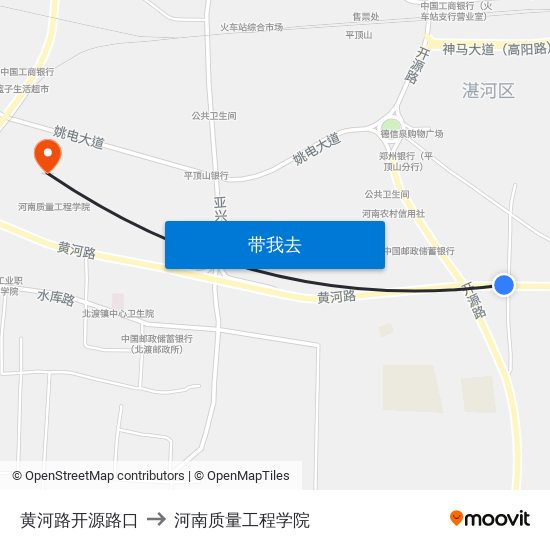 黄河路开源路口 to 河南质量工程学院 map