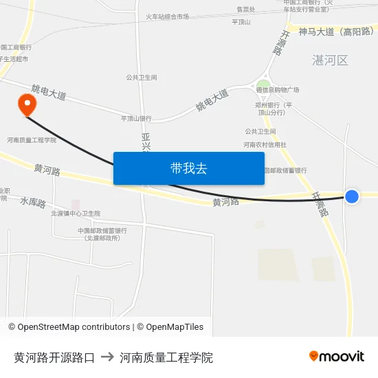 黄河路开源路口 to 河南质量工程学院 map