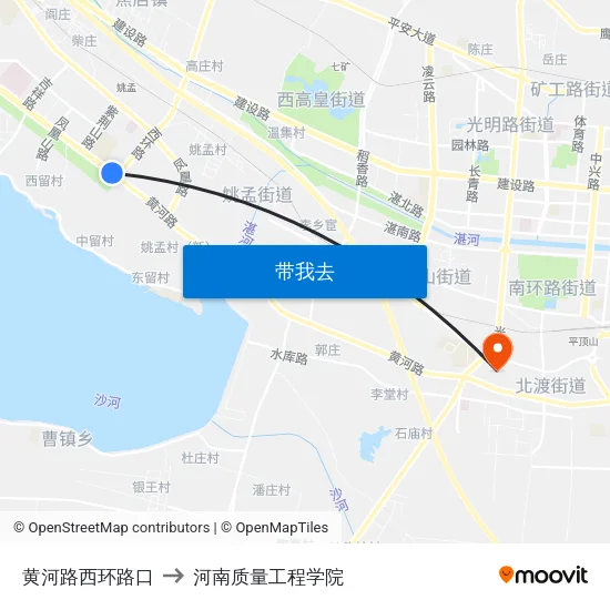 黄河路西环路口 to 河南质量工程学院 map