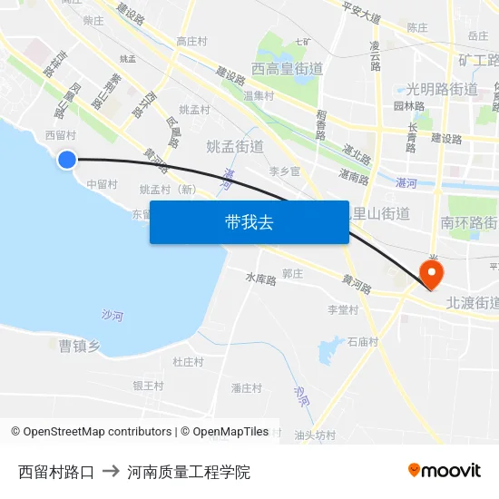 西留村路口 to 河南质量工程学院 map