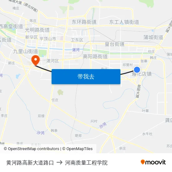 黄河路高新大道路口 to 河南质量工程学院 map