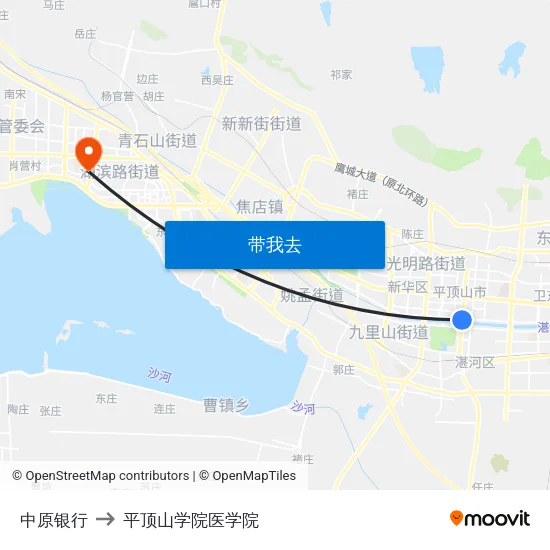 中原银行 to 平顶山学院医学院 map