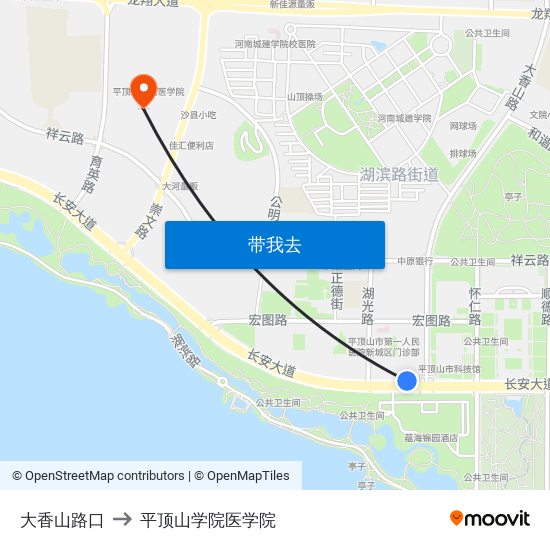 大香山路口 to 平顶山学院医学院 map
