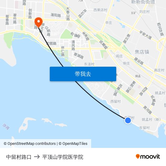 中留村路口 to 平顶山学院医学院 map