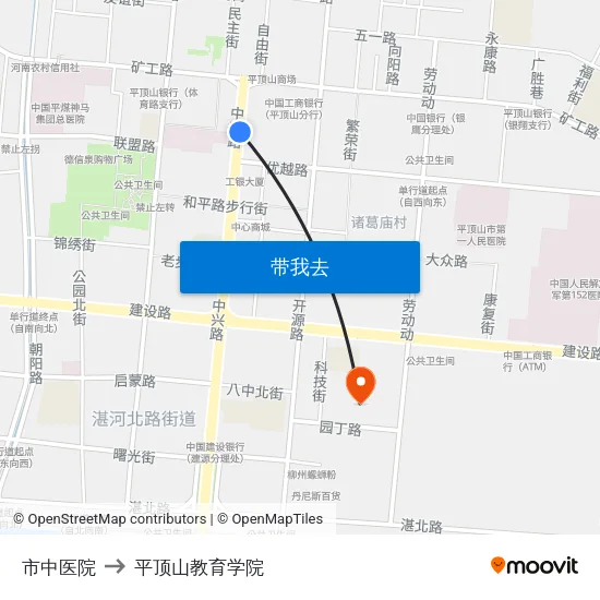 市中医院 to 平顶山教育学院 map