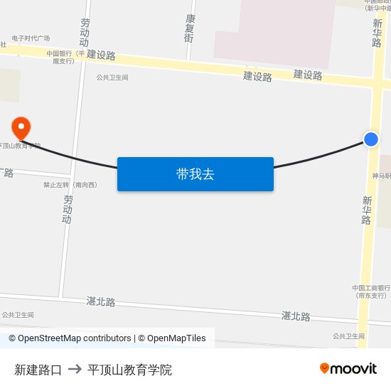 新建路口 to 平顶山教育学院 map