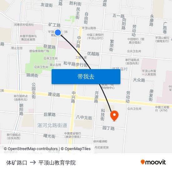 体矿路口 to 平顶山教育学院 map