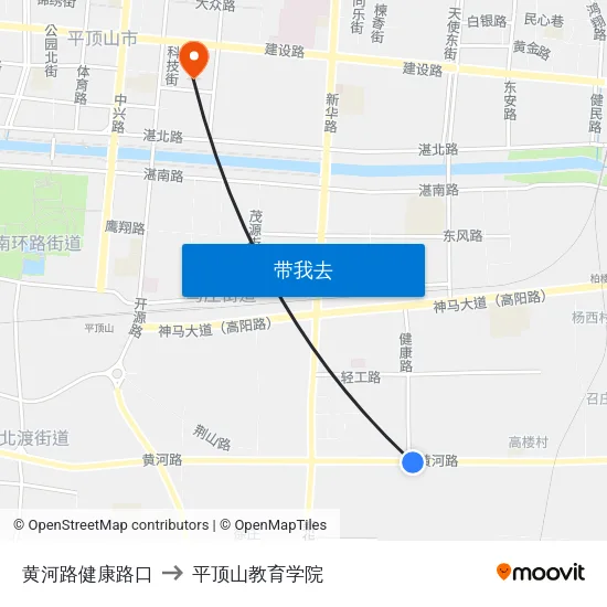 黄河路健康路口 to 平顶山教育学院 map