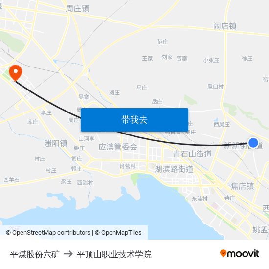 平煤股份六矿 to 平顶山职业技术学院 map