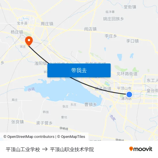平顶山工业学校 to 平顶山职业技术学院 map
