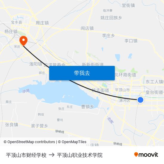 平顶山市财经学校 to 平顶山职业技术学院 map