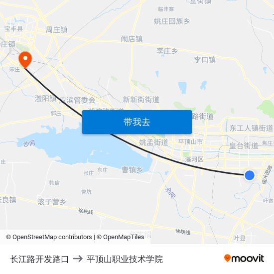 长江路开发路口 to 平顶山职业技术学院 map