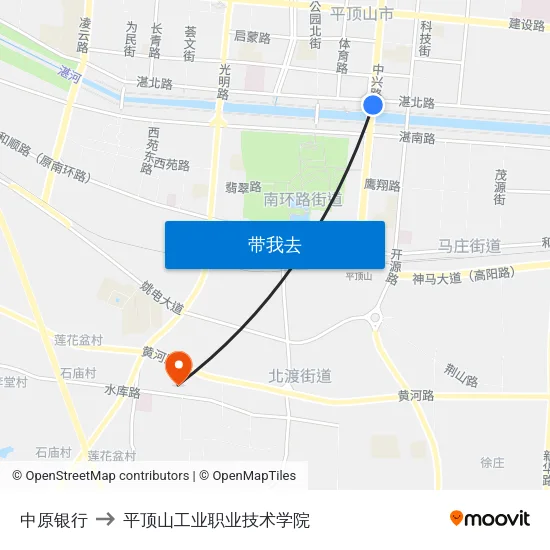 中原银行 to 平顶山工业职业技术学院 map